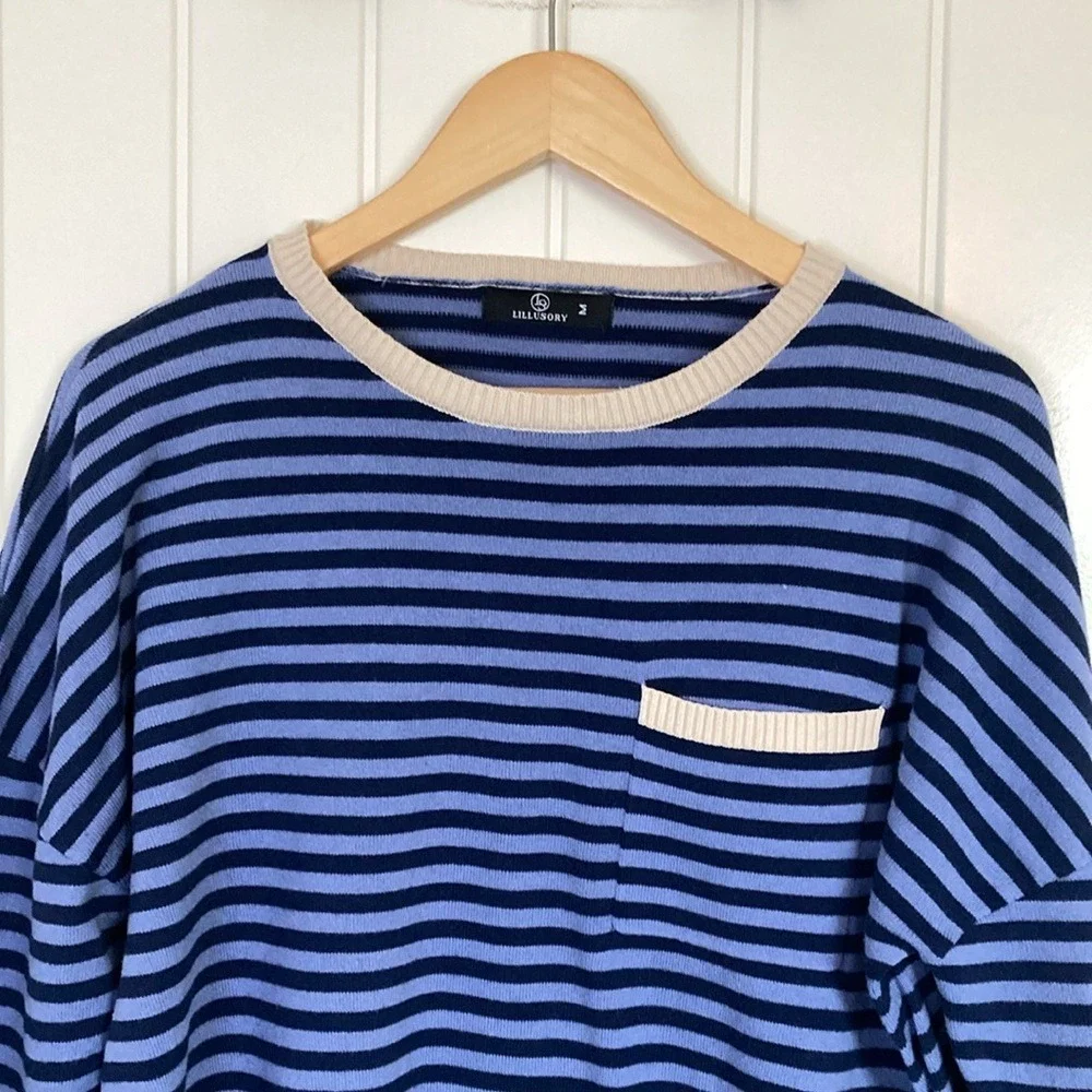 Lillusory‎ Womens Pullover Crew Neck Striped Nautical Sweater Size M Blue Cream